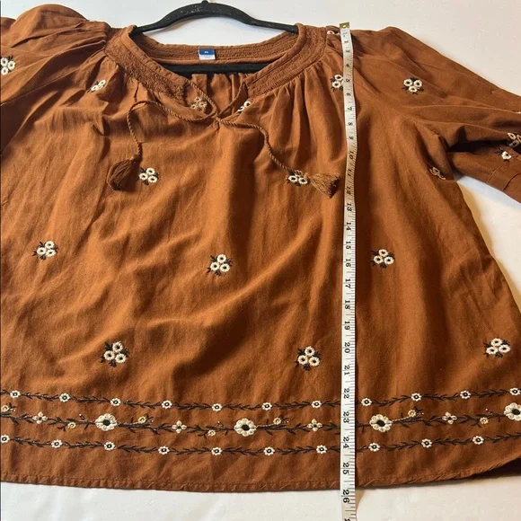OLD NAVY Floral Embroidered Smocked Tie-Neck Long-Sleeve Blouse XL EUC Boho - Picture 6 of 10